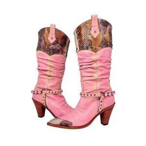 El Dantes Couture Pink Rhinestone Studded Western Boots Y2K Snakeskin EU 40 US 9